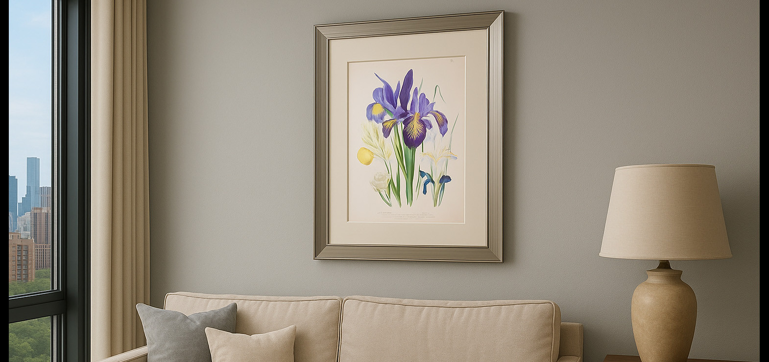 FRAMED ANTIQUE HAND COLORED BOTANICAL PRINT IN A MANHATTAN APARTMENT